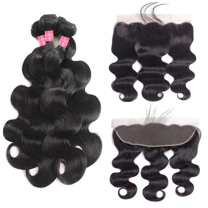 12A Body Wave 4 Bundles with Frontal Human Hair Bundles with 13x4 Lace Frontal (16 18 20 22+14 Inch) Brazilian Body Wave Hair Virgin Hair Ear to Ear 13x4 Frontal Natural Black