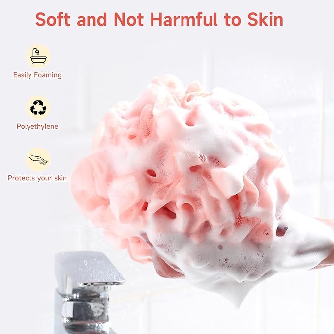 Luffa Loofah Sponge Shower Loofahs 50g Shower Bath Sponges Exfoliating Mesh Pouf Mesh Balls for Body Wash Back Scrubber Bathroom Men Women Soft Scrubber Cleaning Bathing Accessories Tool (4Colors)