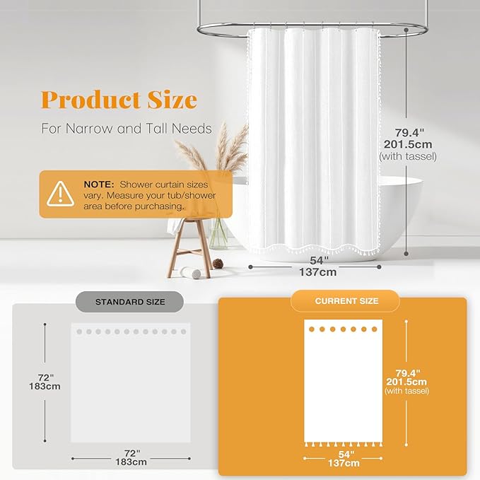 BTTN Stall Fabric Shower Curtain - 54x78 Boho Striped Linen Heavy Duty Tassel Shower Curtain Set with 10 Hooks, Narrow Rustic Modern Farmhouse Bohemian Thick Shower Curtains for Bathroom - White