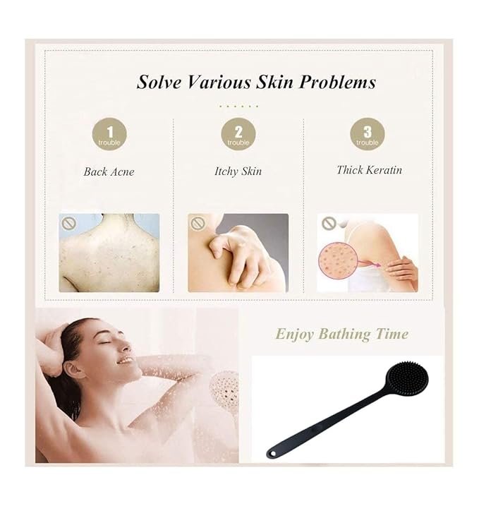 Silicone Body Scrubber With Long Handle for Shower - Exfoliating Back Brush for Men, Women & Kids - Soft Bath Scrubber With Free Hook