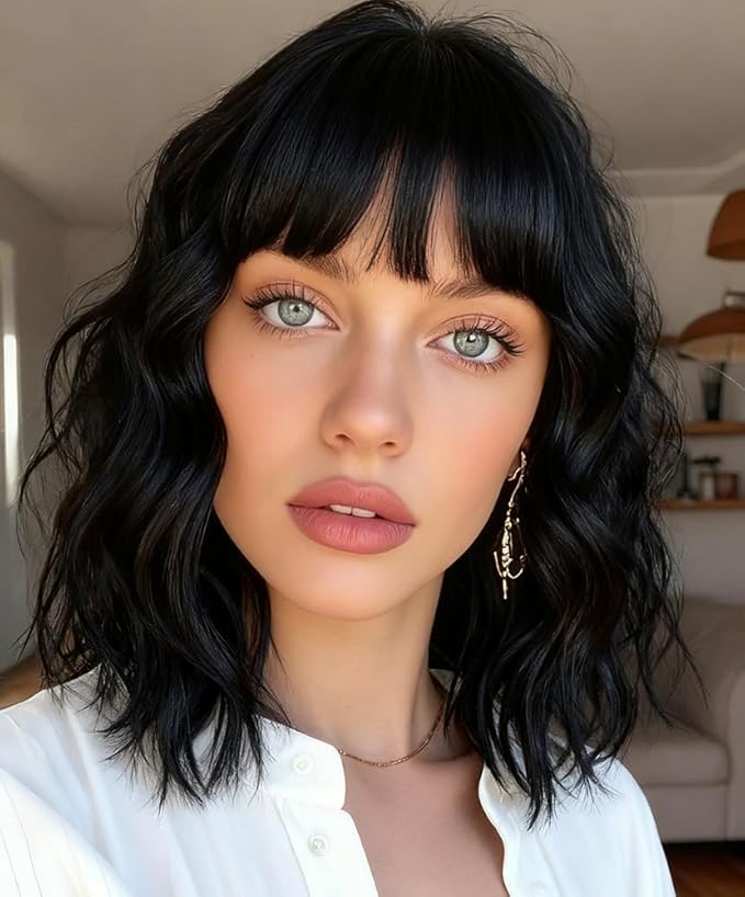 WAVE&BREEZE Black Wig with Bangs Short Wavy Bob Wigs for Women Natural Looking Synthetic Hair 14 Inch Shoulder Length Daily Wigs for Cosplay Party Use