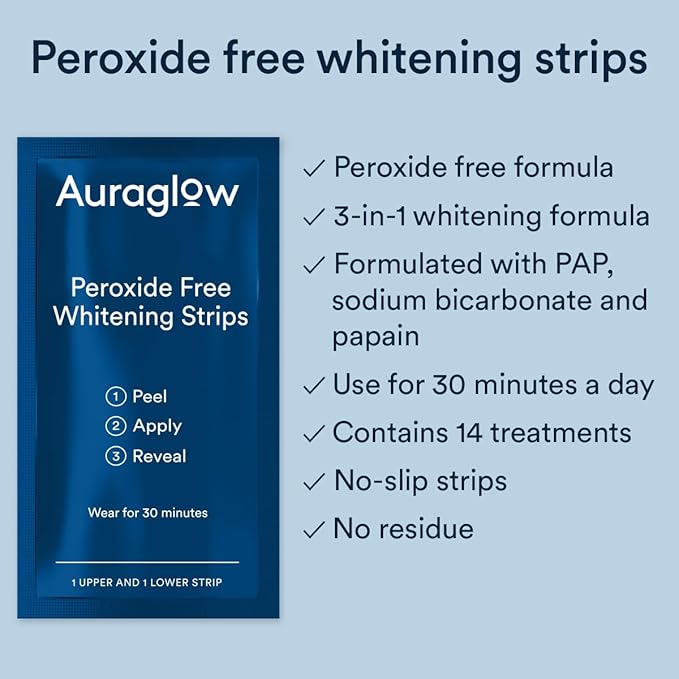 Auraglow Teeth Whitening Strips, Peroxide Free, 14 Treatments, Whitens Teeth Without Sensitivity, Removes Years of Stains, Enamel Safe Teeth Whitener, 28 Strips, Mint