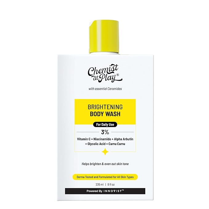 Chemist at Play Brightening Body Wash|Glowing Skin Vitamin C Bodywash | Helps to Reduce Fades Dark Spots, Evens out Skin Tone | Alpha Arbutin| 30X Vitamin C with Camu Camu |For Women & Men | 8 Fl oz