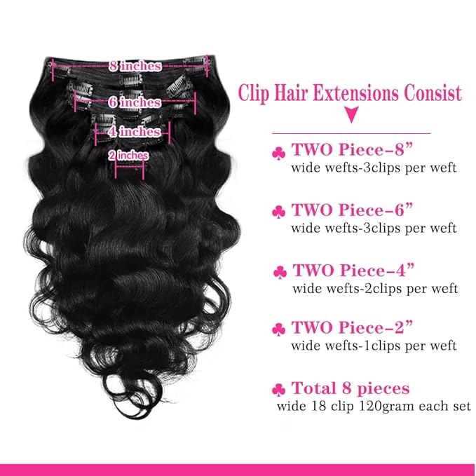 28Inch Clip in Hair Extensions Real Human Hair Body Wave 8Pcs Brazilian Human Hair Clip in Extensions with 18Clips Double Lace Weft 120g #1B Natural Black