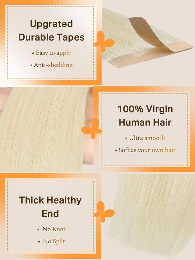 DOORES Tape in Extensions Real Human Hair, Platinum Blonde 80g 20 Inch 20pcs, Thick Remy Human Hair Extensions Tape in Skin Weft Real Remy Natural Straight Thick Ends