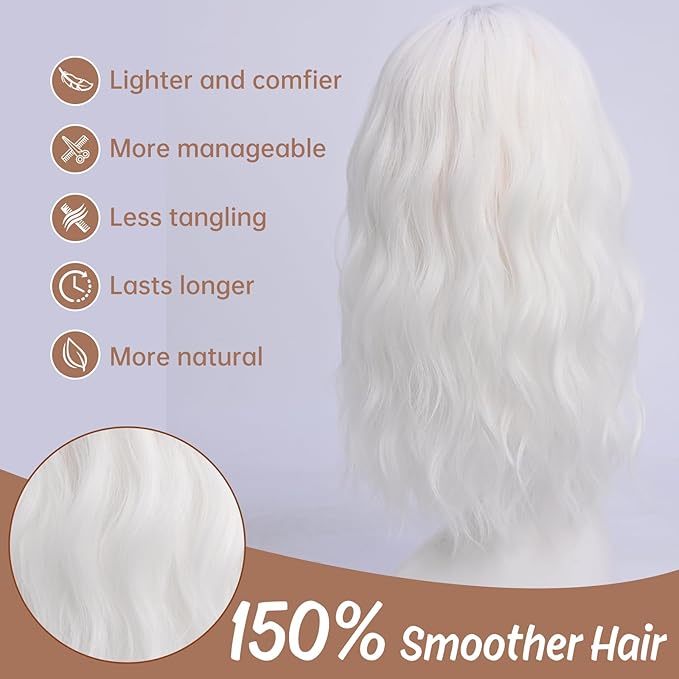 Medium Length Light White Wavy Wigs for Women 18 Inch Middle Part Wavy White Wig Natural Looking Synthetic Heat Resistant Fiber Wig for Daily Party Use (18 inch)