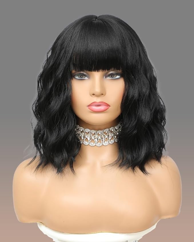 WAVE&BREEZE Black Wig with Bangs Short Wavy Bob Wigs for Women Natural Looking Synthetic Hair 14 Inch Shoulder Length Daily Wigs for Cosplay Party Use