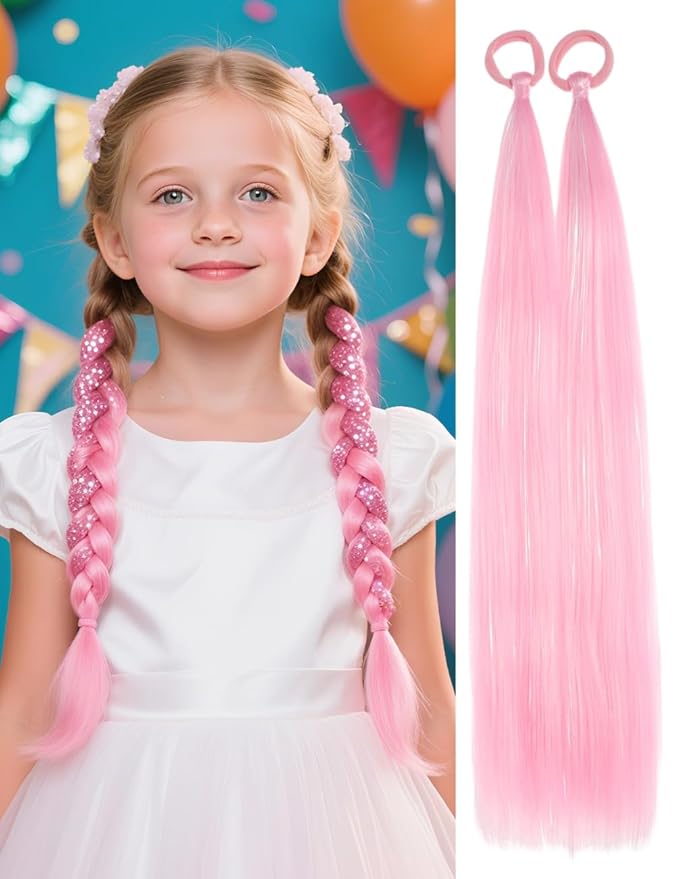 Colored Hair Extensions Pink Ponytail Extension 2 Packs, 20 inch Crazy Hair Day Accessories for Women, DIY Festival Wacky Rave Braids,Tinsel Mixed