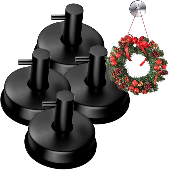 Suction Cup Hooks for Shower, 2025 New No Drill Suction Cup Hooks for Wreaths on Glass, Gold Silver Black Garland Hanger for Door Frame Wreaths Bathroom Window Mirrors (4, Black)