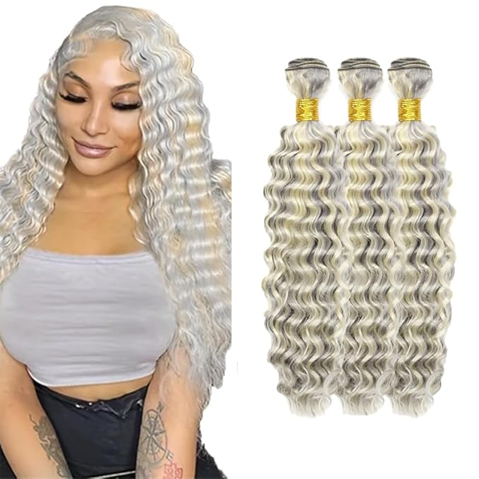 20 22 24 Inch Blonde Bundles Human Hair P613/grey Deep Wave 3 Bundle Unprocessed Brazilian virgin hair Weave Extensions Double Weft 50 Grams/Bundle Colored Highlight Grey Bundles for Woman