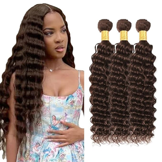 #4 Bundle Brown Deep Wave Human Hair Bundles Dark Brown Hair Weave Bundles 18 20 22 inch #4 Wet and Wavy Bundle