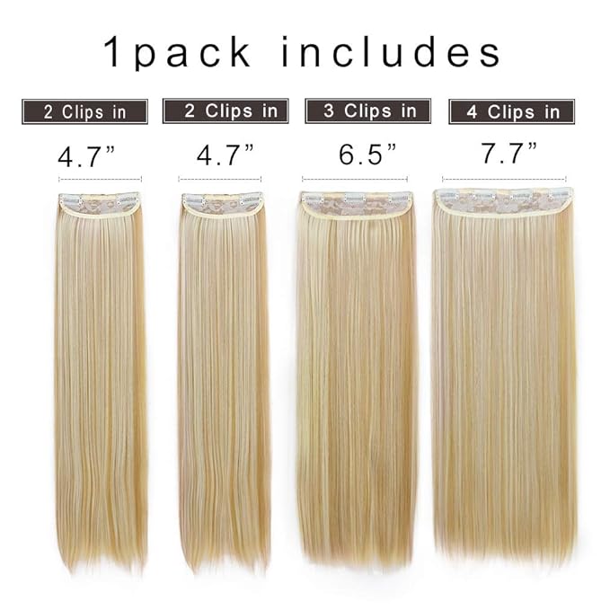 REECHO 24" Straight Long 4 PCS Set Thick Clip in on Hair Extensions Medium Blonde with Light Blonde Highlights