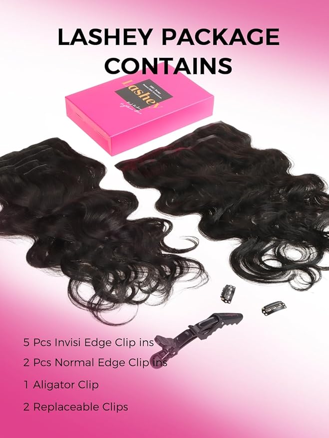 Lashey Invisi Edge & Seamless Clip in Hair Extensions Human Hair, 16 Inch 110g 7pcs(5pcs Invisi Edge& 2pcs Seamless) Real Virgin Human Hair Extensions, Natural Black Body Wave Hair