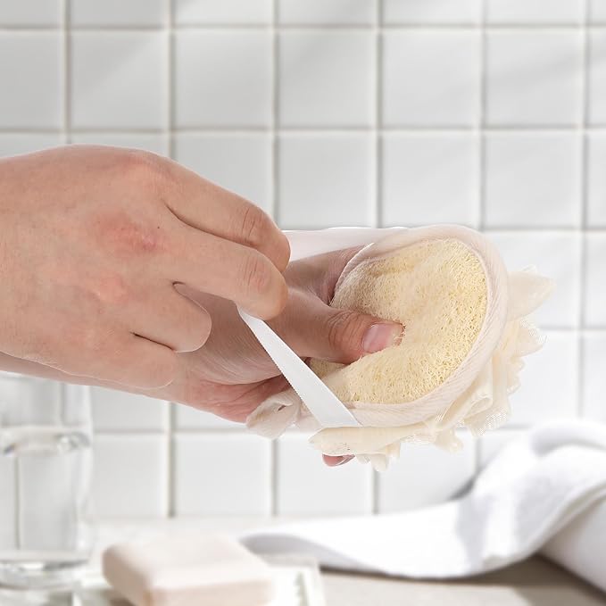 2 PCS Mini Soft Loofah Travel Size with Shower Flower Ball Natural Loofah Bath Sponge with Elastic Hand Strap Scrubber Glove Exfoliating Body Sponge Pad for Body Face Deeply Clean