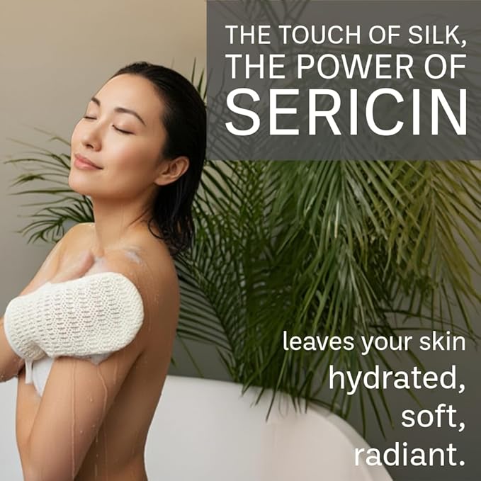 aisen Japan - Japanese Silk Sericin Bath & Shower Mitt, Made in Japan Exfoliating Body Wash Mitt for Sensitive Skin, Moisturizing Raw Silk Bath Glove, Gentle Luxury Bath Accessory Gift for Women