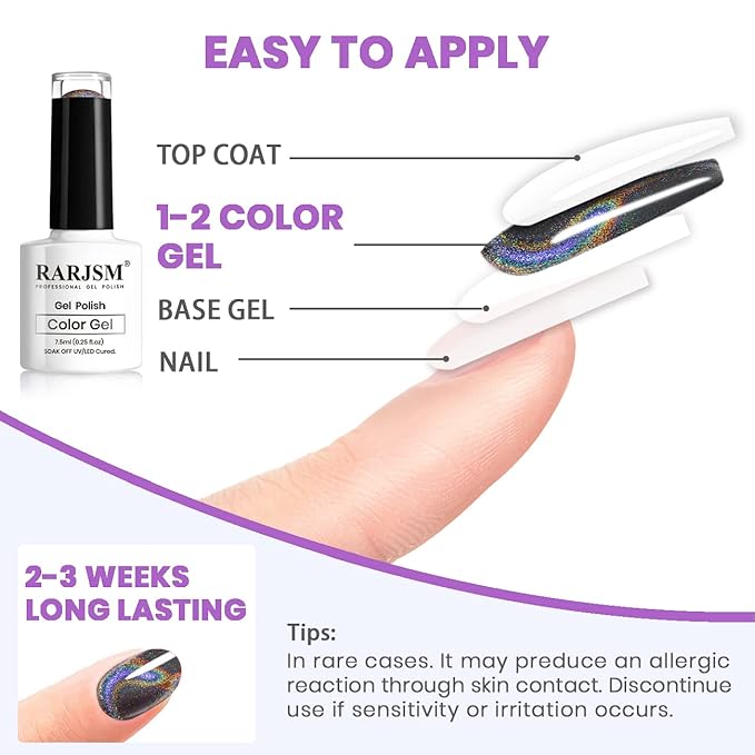 RARJSM Cat Eye Gel Nail Polish, Galaxy Chameleon Magnetic Gelpolish Black Holographic Glitter Gel Soak Off UV LED DIY Manicure Art for Salon Designs and Home DIY 7.5ML/0.26fl oz