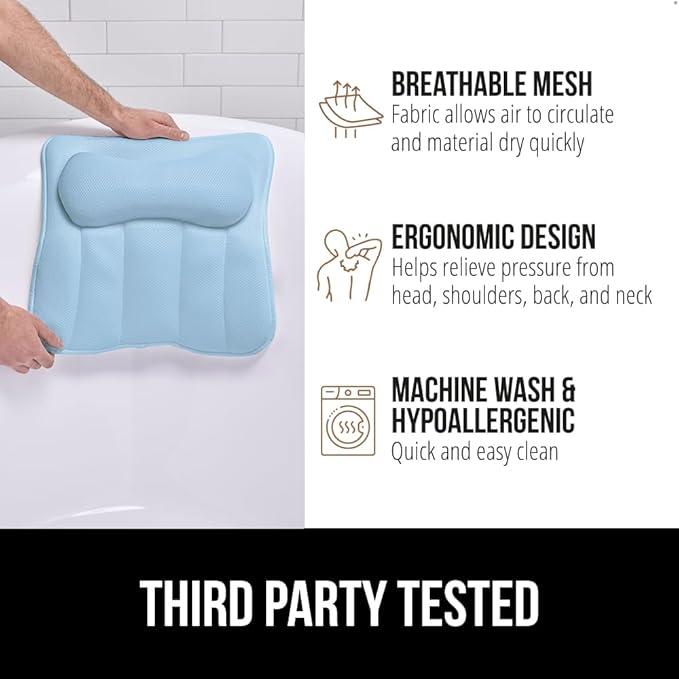 GORILLA GRIP Bath Pillow for Tub with Powerful Suction Cups, Headrest Pillows for Neck and Back Support, Machine Wash, Bathtub and Hot Tub Accessories, Relaxing Gift Essentials for Women, Spa Blue