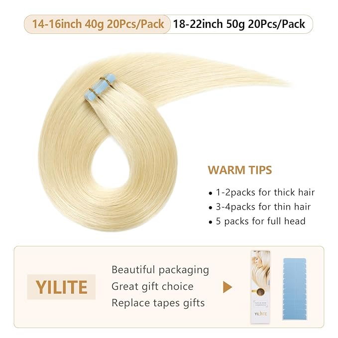 YILITE Platinum Blonde Tape Hair Extensions - Real Human Hair, 18 Inch, Seamless Skin Weft, 50 Grams, 20 Pieces