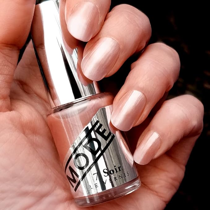 MODE Champagne Beige Satin Pearl Nail Polish, Long Lasting Nail Lacquer Color, Chip Resistant Strengthening Protection, Pro Wide Contour Brush, Vegan, Made in NY USA, 7 Soir Le Vernis, Slip Into Nude