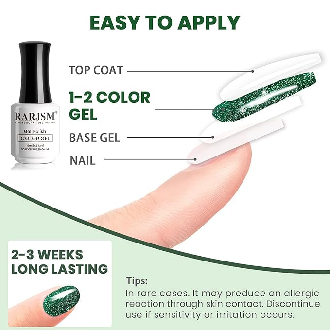 RARJSM Glitter Green Gel Nail Polish,Reflective Gel Polish Sparkle Glitter Flash Diamond Nail Gel Polish Soak off Disco Shimmer Gel Polish UV LED Curing Requires 15ml for Home Salon Diy Nail Manicure