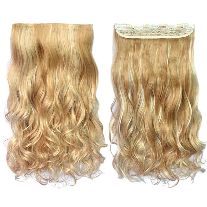 REECHO 20" 1-Pack 3/4 Full Head Curly Wave Blonde Mixed Hair Color Clips in on Synthetic Hair Extensions HE008 Hairpieces for Women 5 Clips 4.5 Oz per Piece - Medium Blonde with Highlights
