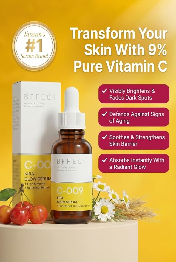 Kira Glow 9% Vitamin C + E + Ferulic Acid Serum, Professional Brightening & Anti-Aging Serum for Face, Dark Spots Correcting & Boosts Radiance, 1 Fl Oz