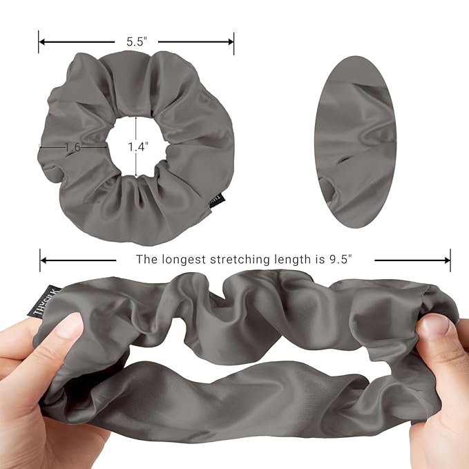 THXSILK Silk Scrunchies for Women - Pure Mulberry Silk Hair Ties, Cute Rings for Girls, Thick Hair, Charcoal