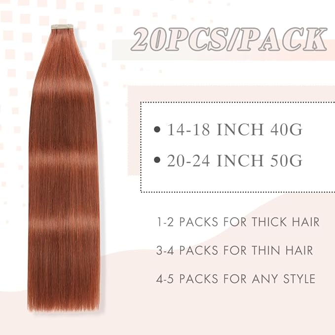Auburn Brown Tape in Hair Extensions Human Hair, 20pcs 22 Inch Remy Hair Extensions Straight Human Hair Tape in Extensions Skin Weft Invisible Human Hair (#A33,22 Inch)
