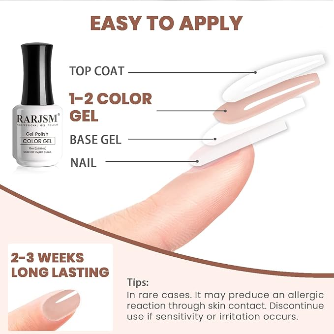 RARJSM Nude Pink Gel Nail Polish - Neutral, Transparent, French, Milky Pink Skin Tone - Sheer Light Pink Gel Nail Varnish - UV LED Cured, Soak Off - Home Salon DIY - 15ml Single Bottle
