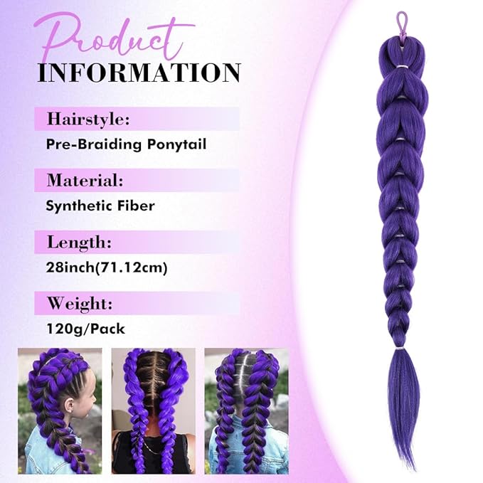 24 inch Purple Braids Ponytail Hair Pre Braiding Hair with Tie Synthetic Purple Hair Extensions for Halloween Costume Cosplay（24inch Braids Ponytail）