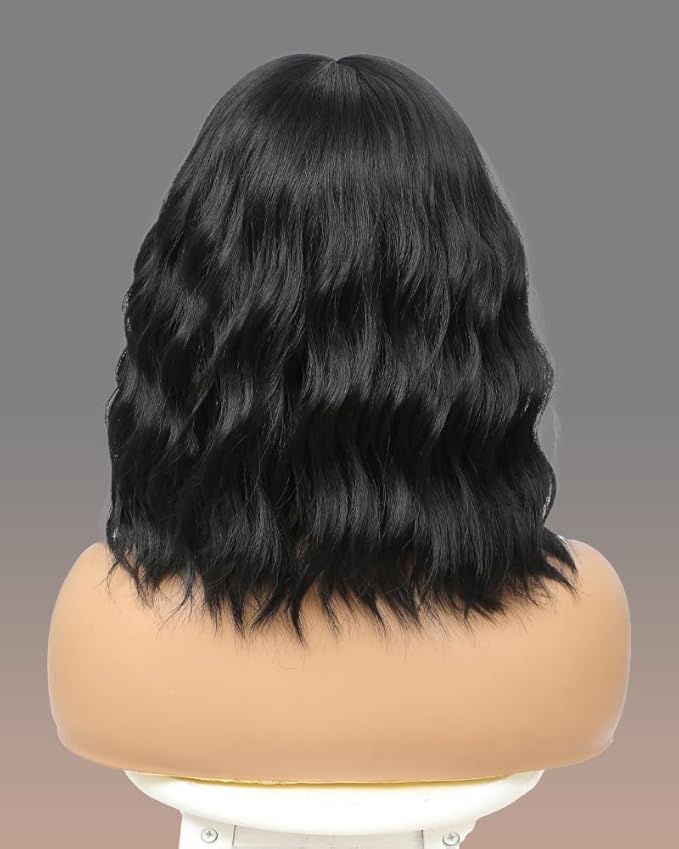 WAVE&BREEZE Black Wig with Bangs Short Wavy Bob Wigs for Women Natural Looking Synthetic Hair 14 Inch Shoulder Length Daily Wigs for Cosplay Party Use