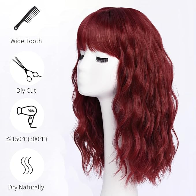 Burgundy Wigs with Bangs for Women Synthetic 16inch Medium Length Wigs with Natural Long Wavy Fringe Bang wig Heat Resistant Hair for Daily Party Use(Wine Red)