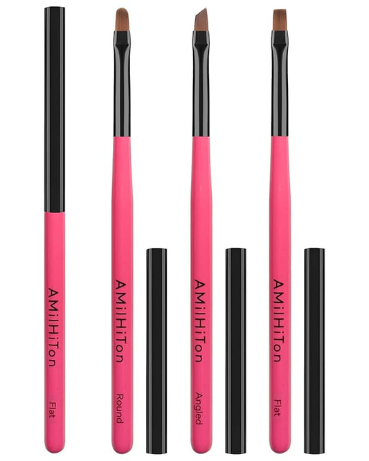 3PCS Nail Clean-Up Brushes, Round/Angled/Flat, Acetone-Resistant Cuticle Polish Remover for Nail Art & Manicures（Rose Red）