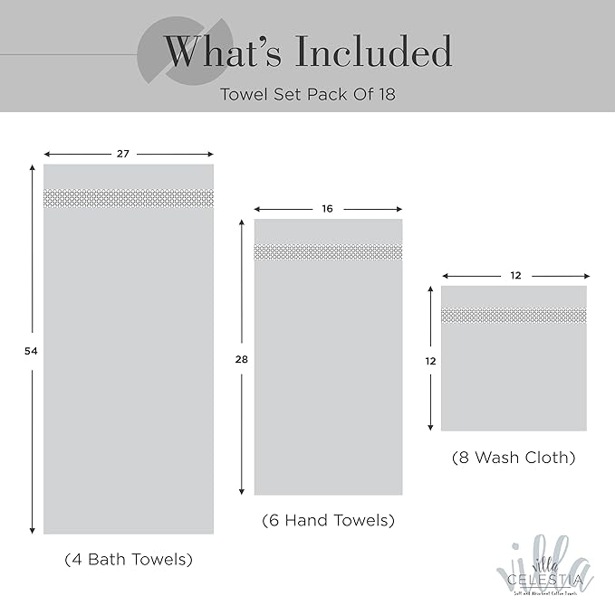100% Cotton Bath Towel Set of 18-4 Bath Towels, 6 Hand Towels, 8 Wash Cloths, Sustainable, Soft, Highly Absorbent, Combed Cotton 18 Piece Set for Hotels, Spa, Bathroom, Dorm, Black