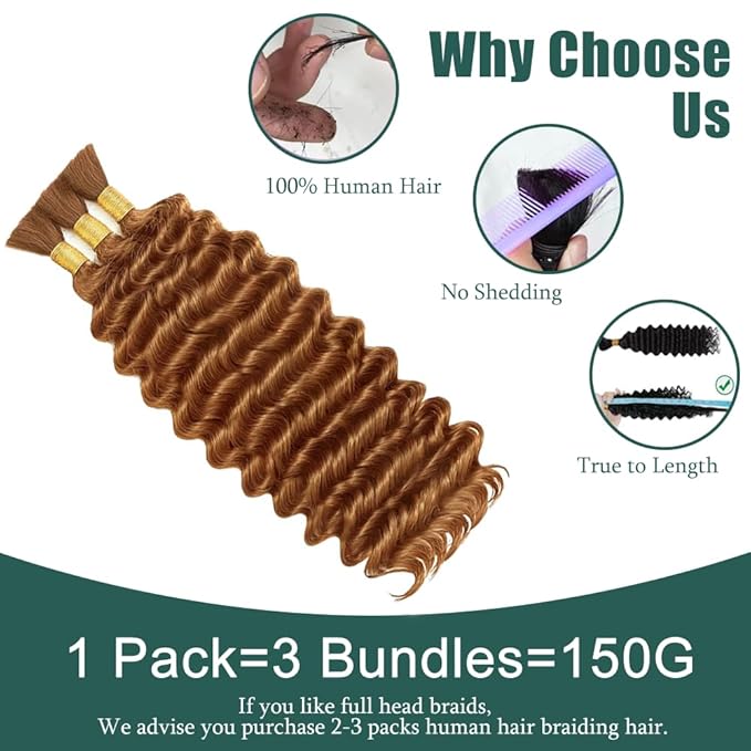 Brown Human Braiding Hair for Boho Braids 14 Inch Chocolate Brown Deep Wave Bulk Human Hair #30 Wet and Wavy Braids Extensions