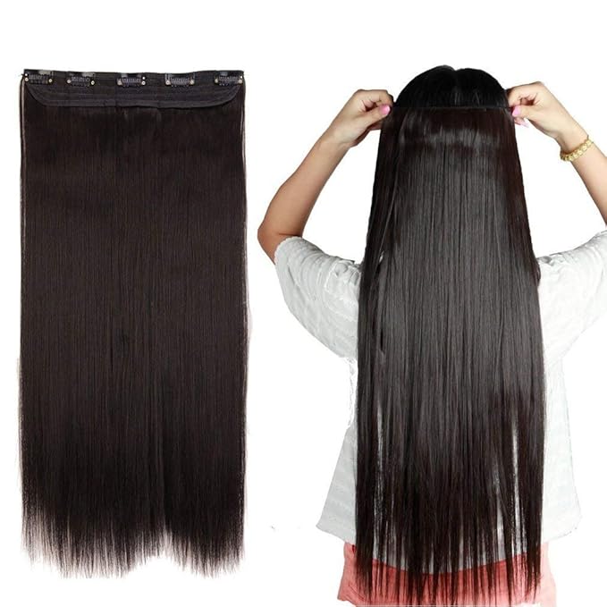 S-noilite Clip in on Hair Extension 5 Clips One Piece Full Head Hairpiece Heat-Resistant Synthetic Hair Long For Party (23" straight, dark brown)