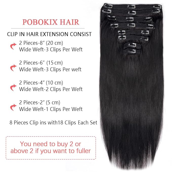 28Inch Clip in Hair Extensions Real Human Hair Straight 8Pcs Remy Hair Extensions Clip in Human Hair with 18Clips Double Lace Weft 120g Natural Black