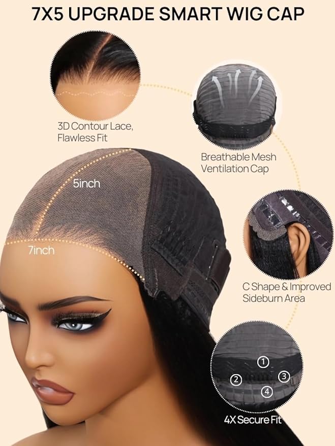 Julia Hair 12 Inch Yaki Straight Drawstring Wigs Human Hair Put On and Go Glueless Bob Wig 7x5 Bye Bye Knots Pre Plucked Pre-Cut Lace Closure Wig Beginner Friendly Black Short Yaki Bob Bleached Knots