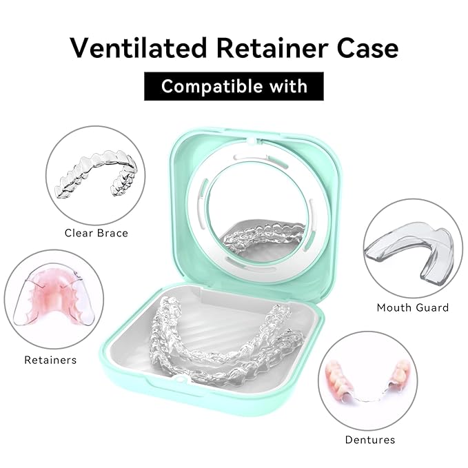 HEMILAB® Retainer Case, Slim Aligner Case with Vent Holes, Compatible with Invisalign, Mouth Guard Case with Mirror, Cute Orthodontic Retainer Case with Retainer Removal Tool and Brush, MintGreen