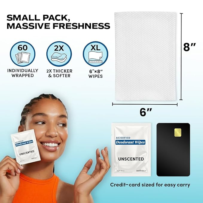 Zero Trace Travel Deodorant Wipes - 60 Count- 24 Hour Odor Control - Aluminum Free Hypoallergenic Deodorant For Women and Men - Individually Wrapped Underarm & Body Wipes - Uscented Bare Fresh