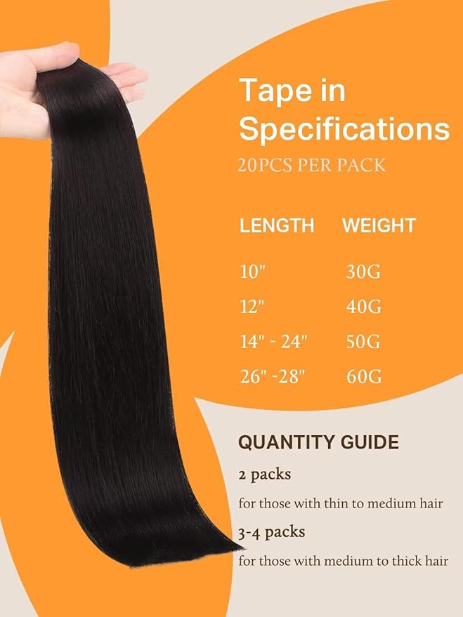DOORES Human Hair Extensions, Jet Black 20 Inch 50g 20pcs, Tape in Hair Extensions Skin Weft Seamless Tape in Real Remy Straight Hair for Women