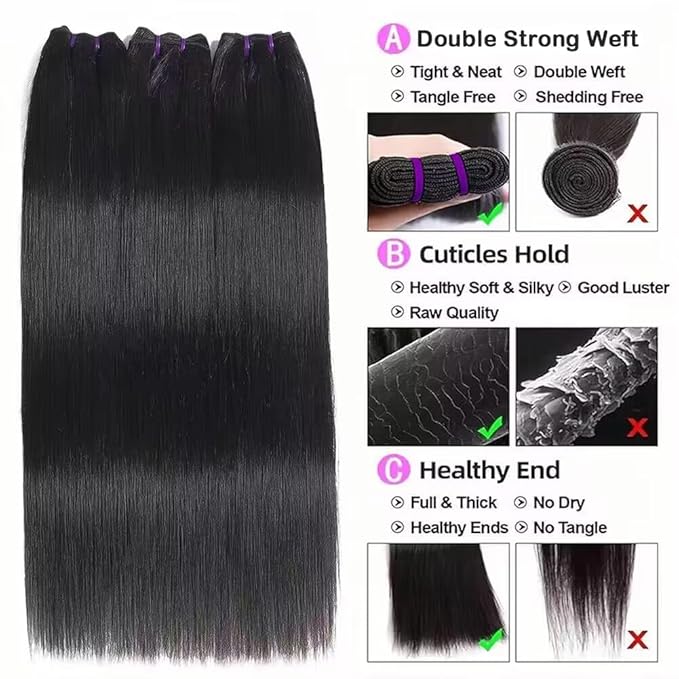 Human Hair Straight Bundles 100% Unprocessed Brazilian Virgin Hair 16A Straight 3 Bundles Human Hair Extensions Double Weft Natural Black