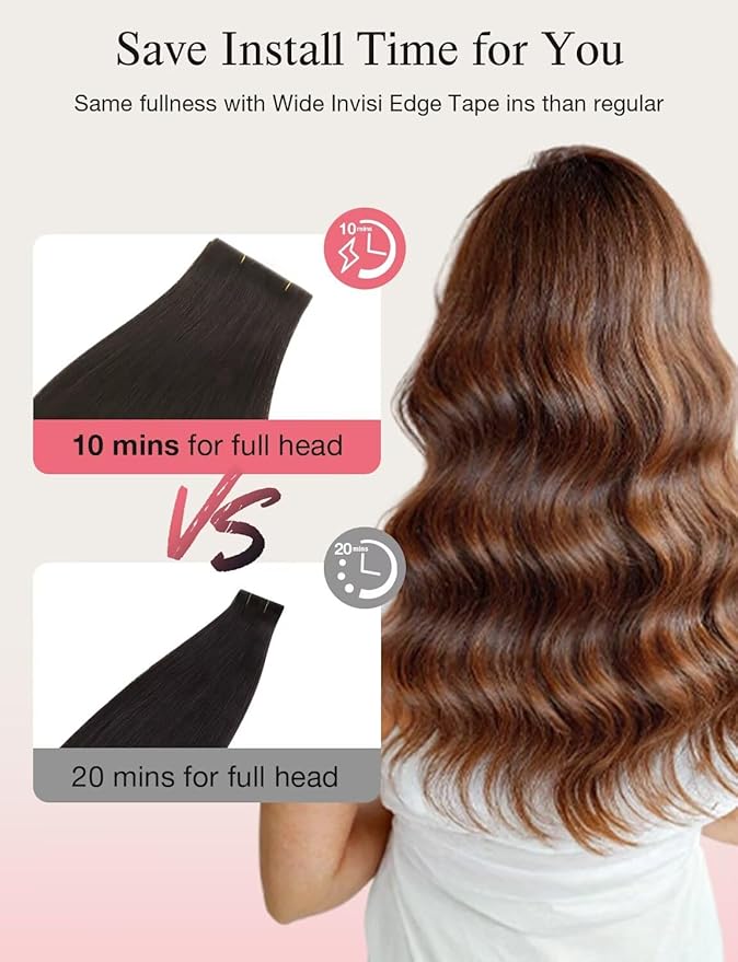 DOORES Invisi Edge Tape in Wide Hair Extensions Real Human Hair, Dark Brown 4PCS Injection Tape ins 20g 20 Inch, Injected 3 Inch Wide Extensions Virgin Thick Ends for Women Girl