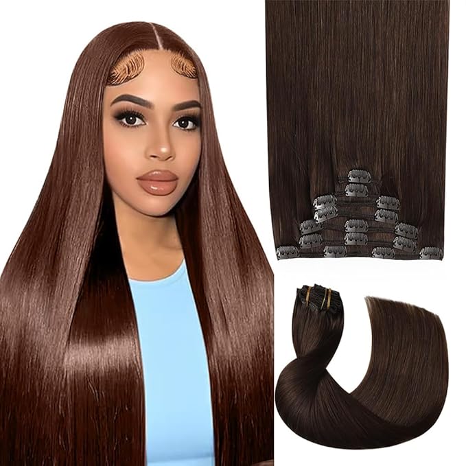 14 Inch #4 Brown Clip in Hair Extensions - Real Remy Human Hair, 120g 7pcs, Chocolate Brown Human Hair Extensions Clip ins for Women
