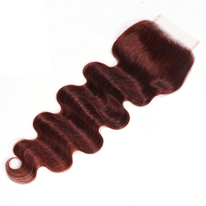 UNICE Reddish Brown Body Wave Human Hair 4x4 Lace Closure Free Part, Brazilian Human Remy Hair Auburn Brown Body Wave Human Hair Closure 33B Color 14 inch