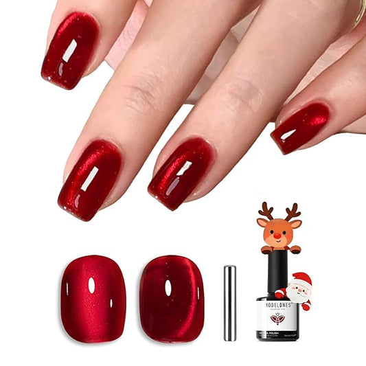 modelones Red Cat Eye Gel Nail Polish Magnetic Glitter Holographic Red Ruby Christmas Polish Reflective Jelly Translucent UV Gel Manicure 15 ML