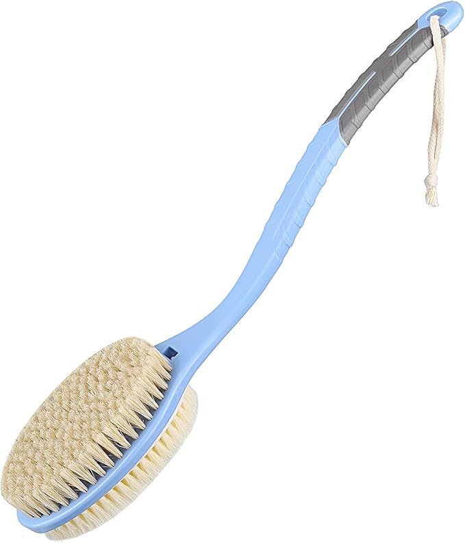 Shower Body Brush with Soft and Stiff Bristles,HONOMA Dual-Sided S Curved Long Handle Back Scrubber Body Exfoliator for Wet or Dry Bath Brushing(Blue)