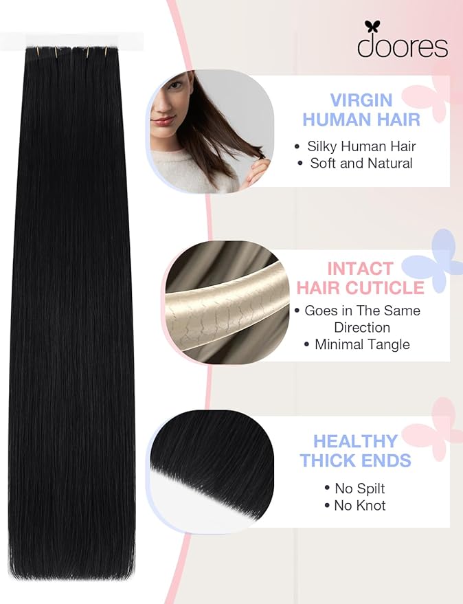 DOORES Invisible Tape in Hair Extensions Human Hair Invisi Edge, Jet Black 10 Injection Tape-ins with 10 Injection Tape-ins 50g 14 Inch, Virgin Human Tape in Extensions