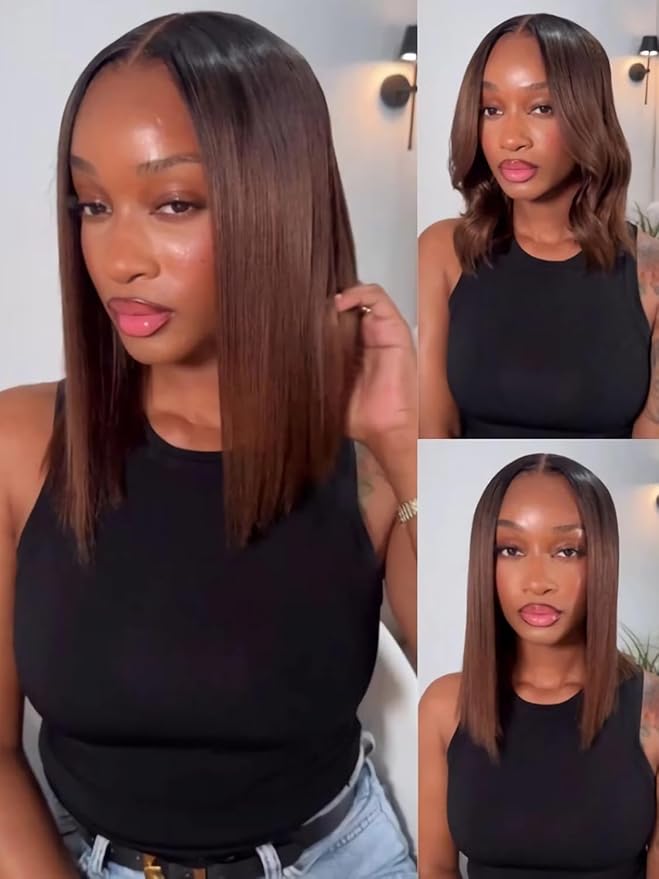 Julia Hair 10 Inch Chestnut Brown Ombre Yaki Straight Bob Wig Glueless Pre Cut 13X4 HD Lace Front Wig Human Hair with Dark Roots Pre Bleached Pre-Plucked with Ear Tape Ready to Go Short Yaki Wig