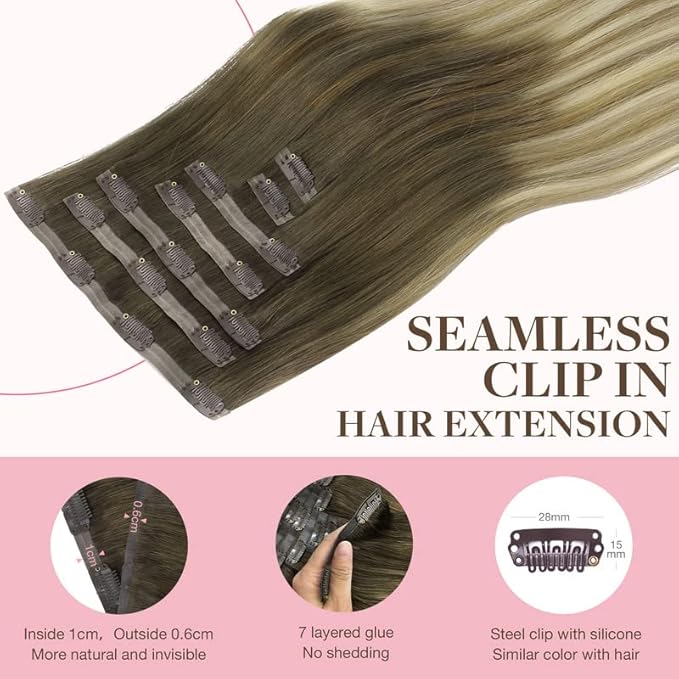 GOO GOO Clip in Hair Extensions Real Human Hair, Remy Human Hair Extensions Clip ins for Women, Natural Human Hair, 22inch 110g 7Pcs, 3/8/613 Balayage Walnut Brown to Ash Brown and Bleach Blonde